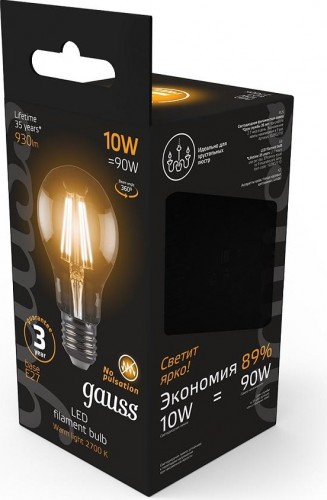 Лампа светодиодная GAUSS A60 filament а60 10w 930lm 2700к е27 led 102802110 - изображение 5