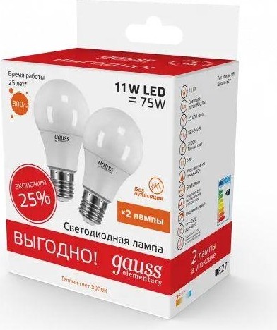 Лампа светодиодная GAUSS A60 elementary 11w 800lm 3000k e27 ( 2шт ) 23211P - изображение 3