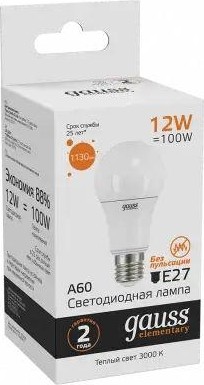 Лампа светодиодная GAUSS A60 elementary a60 12w 1130lm 3000k e27 led 23212 - изображение 3