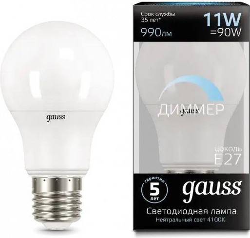 Лампа светодиодная GAUSS A60 a60 11w 990lm 4100к e27 диммируемая led 102502211-D - изображение 2