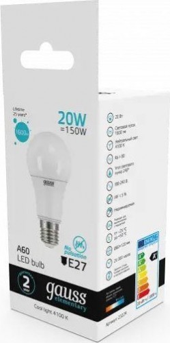 Лампа светодиодная GAUSS A60 elementary a60 20w 1600lm 4100k e27 led 23229 - изображение 4