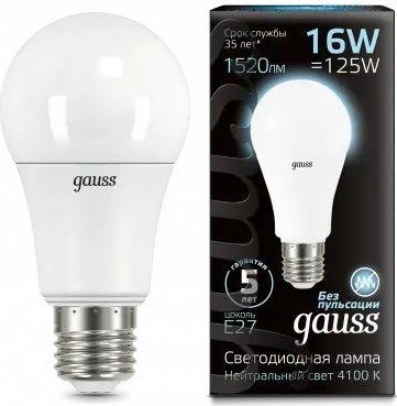Лампа светодиодная GAUSS A60 a60 16w 1520lm 4100k e27 led 102502216