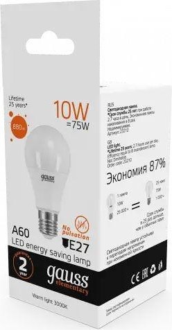 Лампа светодиодная GAUSS A60 elementary a60 10w 880lm 3000k е27 led 23210 - изображение 4
