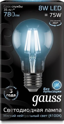 Лампа светодиодная GAUSS A60 filament а60 8w 780lm 4100к е27 led 102802208 - изображение 2