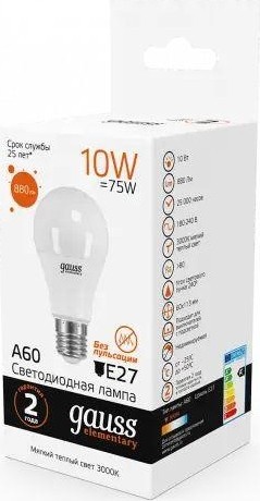Лампа светодиодная GAUSS A60 elementary a60 10w 880lm 3000k е27 led 23210 - изображение 3