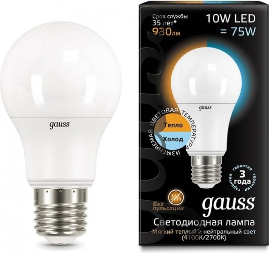 Лампа светодиодная GAUSS A60 a60 10w 930lm 3000k/4100k e27 изм.цвет.темп. led 102502110-T - изображение 2