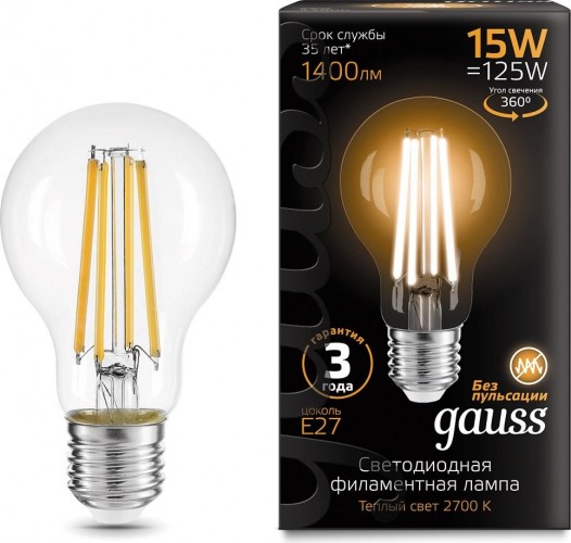 Лампа светодиодная GAUSS A60 filament а60 15w 1400lm 2700к е27 led 102902115