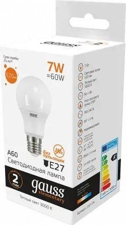 Лампа светодиодная GAUSS A60 elementary a60 7w 520lm 3000k e27 led 23217A - изображение 3