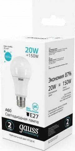 Лампа светодиодная GAUSS A60 elementary a60 20w 1600lm 4100k e27 led 23229 - изображение 3