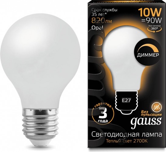 Лампа светодиодная GAUSS A60 filament а60 10w 820lm 2700к е27 milky диммируемая 102202110-D