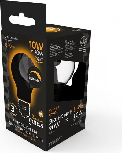 Лампа светодиодная GAUSS A60 filament а60 10w 820lm 2700к е27 milky диммируемая 102202110-D - изображение 4