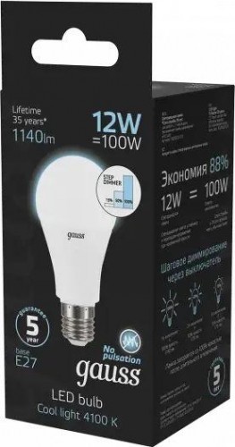 Лампа светодиодная GAUSS A60 a60 12w 1140lm 4100k е27 шаг. диммирование led 102502212-S - изображение 4