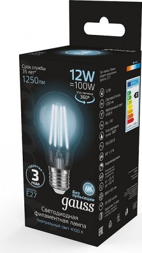 Лампа светодиодная GAUSS A60 filament а60 12w 1250lm 4100к е27 led 102902212 - изображение 2