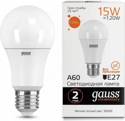 Лампа светодиодная GAUSS A60 elementary a60 15w 1320lm 3000k e27 led 23215 - изображение 2