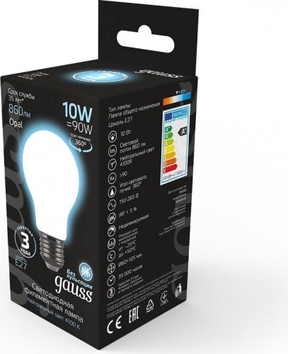 Лампа светодиодная GAUSS A60 filament а60 10w 860lm 4100к е27 milky led 102202210 - изображение 3