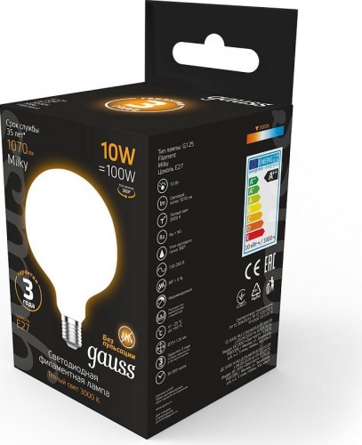 Лампа светодиодная GAUSS G125 filament 10w 1070lm 3000к е27 milky led 187202110 - изображение 2