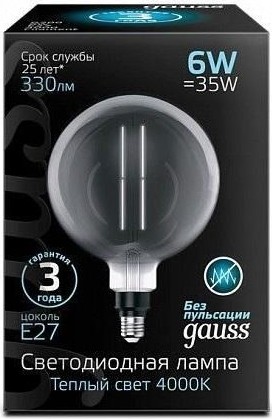 Лампа светодиодная GAUSS G200 filament 6w 330lm 4000к е27 gray straight led 154802205 - изображение 2