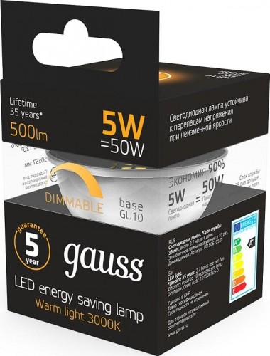 Лампа светодиодная GAUSS MR16 5w 500lm 3000k gu10 диммируемая led 101506105-D - изображение 5