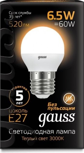 Лампа светодиодная GAUSS Шар 6.5w 520lm 3000k e27 led 105102107 - изображение 2