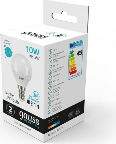 Лампа светодиодная GAUSS Шар elementary шар 10w 730lm 4100k е14 led 53120 - изображение 2