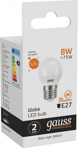Лампа светодиодная GAUSS Шар elementary шар 8w 520lm 3000k е27 led 53218 - изображение 3