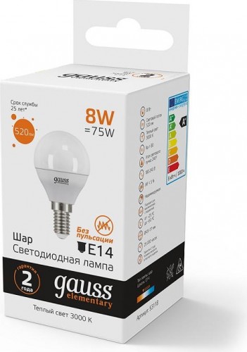 Лампа светодиодная GAUSS Шар elementary шар 8w 520lm 3000k е14 led 53118 - изображение 2