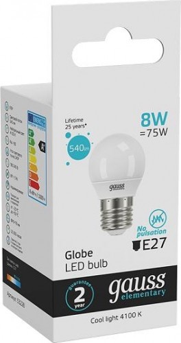Лампа светодиодная GAUSS Шар elementary шар 8w 540lm 4100k е27 led 53228 - изображение 3