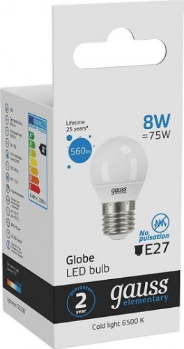 Лампа светодиодная GAUSS Шар elementary шар 8w 560lm 6500k е27 led 53238 - изображение 3
