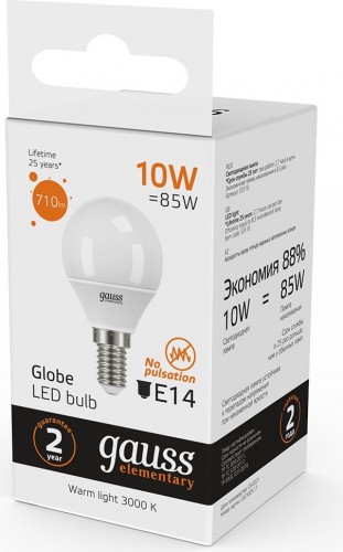 Лампа светодиодная GAUSS Шар elementary шар 10w 710lm 3000k е14 led 53110 - изображение 3
