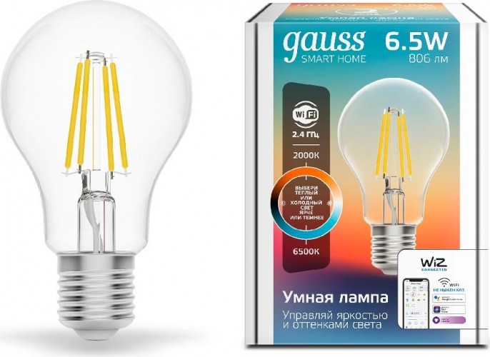 Лампа светодиодная GAUSS Smart home filament а60 6,5w 806lm 2000-6500к e27 1220112