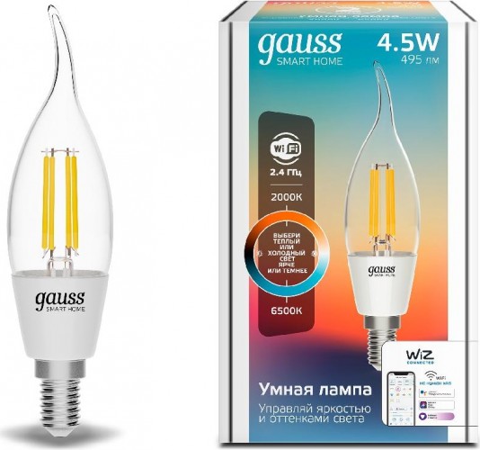 Лампа светодиодная GAUSS Smart home filament сf35 4,5w 495lm 2000-6500к e14 1280112