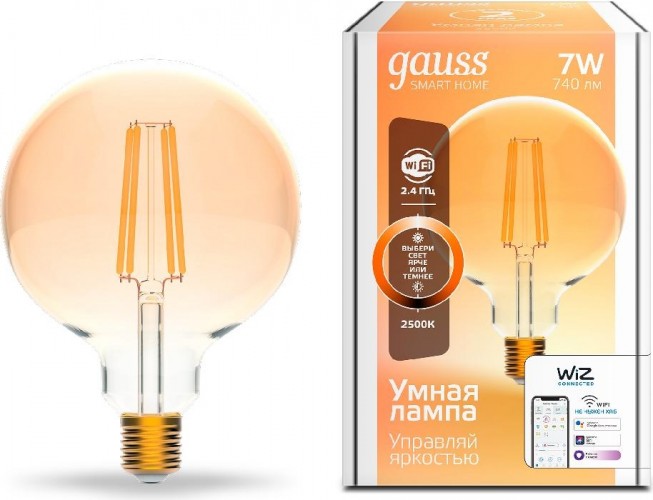 Лампа светодиодная GAUSS Smart home filament g95 7w 740lm 2500к e27 диммируемая led 1320112