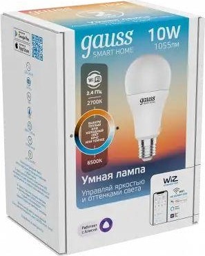 Лампа светодиодная GAUSS Smart home a60 10w 1055lm 2700-6500к e27 диммируемая led 1080112