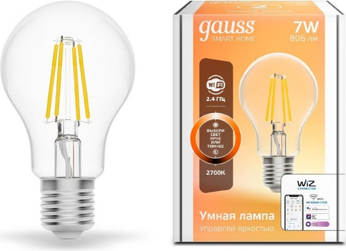 Лампа светодиодная GAUSS Smart home filament а60 7w 806lm 2700к e27 диммируемая led 1200112