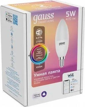 Лампа светодиодная GAUSS Smart home с37 5w 470lm 2700-6500к е14 rgbw диммируемая led 1190112