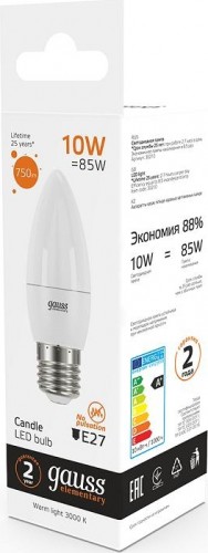 Лампа светодиодная GAUSS Свеча elementary 10w 750lm 3000k e27 led 30210 - изображение 3