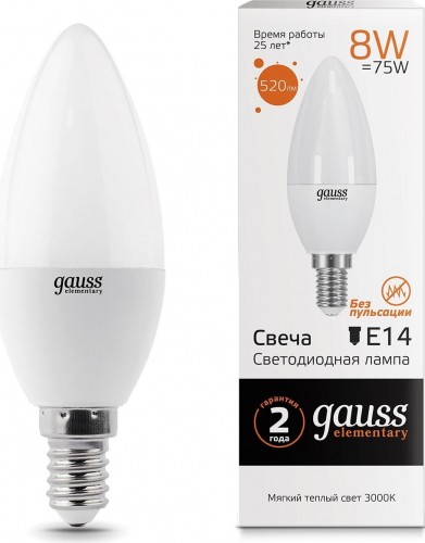 Лампа светодиодная GAUSS Свеча elementary 8w 520lm 3000k е14 led 33118