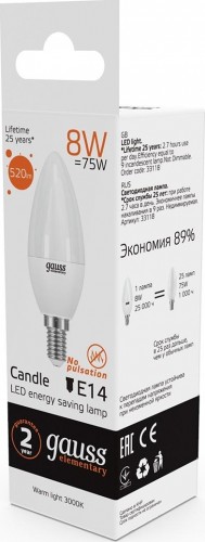 Лампа светодиодная GAUSS Свеча elementary 8w 520lm 3000k е14 led 33118 - изображение 4