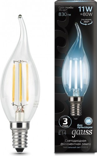 Лампа светодиодная GAUSS Свеча filament на ветру 11w 830lm 4100к е14 led 104801211