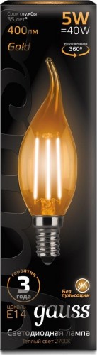 Лампа светодиодная GAUSS Свеча filament на ветру 5w 400lm 2700к е14 golden led 104801005 - изображение 2
