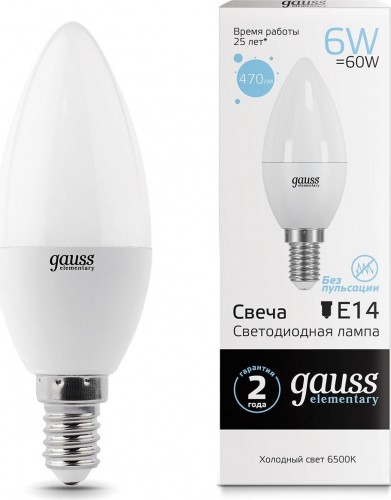 Лампа светодиодная GAUSS Свеча elementary 6w 470lm 6500k е14 led 33136