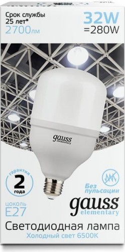 Лампа светодиодная GAUSS T100 elementary 32w 2700lm 6500k e27 led 63233 - изображение 2