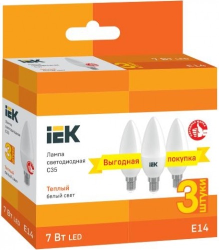 Лампа светодиодная IEK C35 7вт 3000к Е14 свеча (уп.3шт) LLE-C35-07-230-30-E14-3 - изображение 2