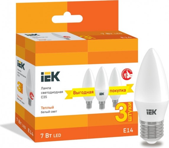 Лампа светодиодная IEK C35 7вт 3000к Е14 свеча (уп.3шт) LLE-C35-07-230-30-E14-3 - изображение 3