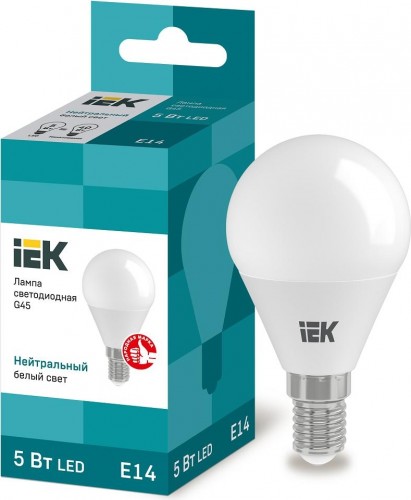 Лампа светодиодная IEK G45 5Вт 4000К Е14 Шар LLE-G45-5-230-40-E14