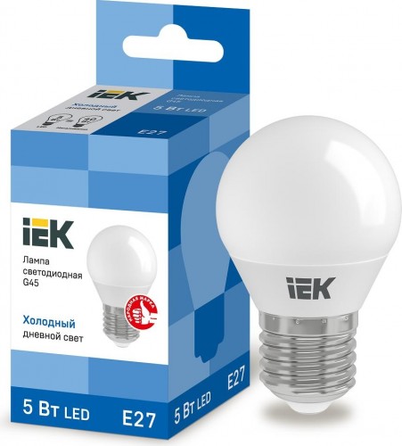 Лампа светодиодная IEK G45 5Вт 6500К Е27 Шар LLE-G45-5-230-65-E27