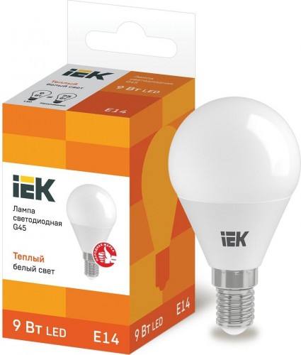 Лампа светодиодная IEK G45 9Вт 3000К Е14 Шар LLE-G45-9-230-30-E14