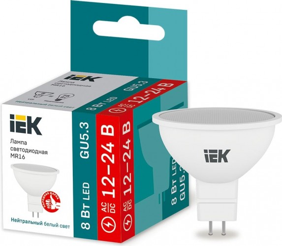 Лампа светодиодная IEK MR16 8Вт 12-24В 4000К GU5,3 софит LLE-MR16-08-12-24-40-GU5