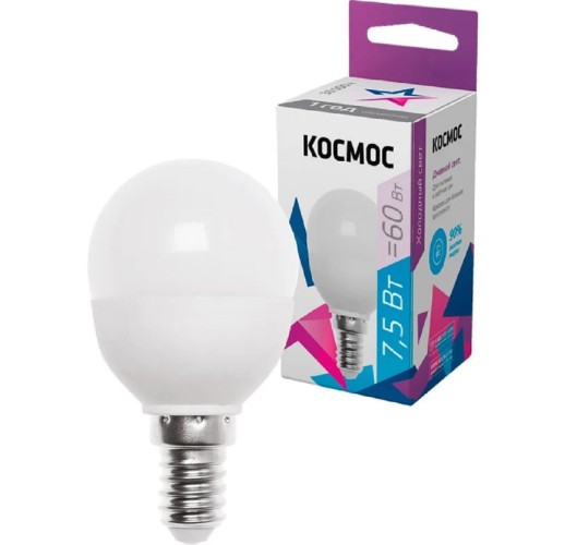 Лампа светодиодная КОСМОС GL45 7.5W 220V E14 6500K LkecLED7.5wGL45E1465