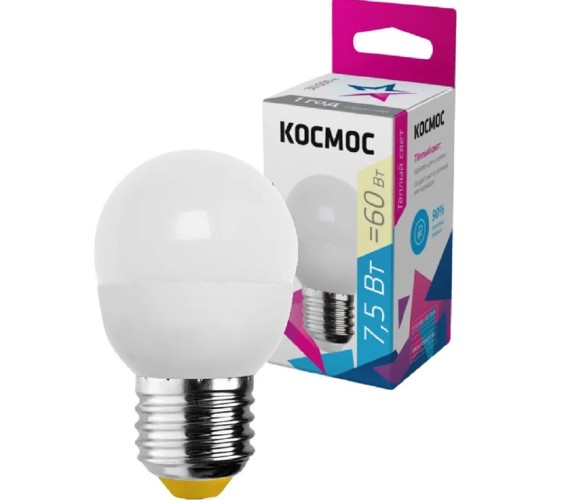 Лампа светодиодная КОСМОС GL45 7.5W 220V E27 3000K LkecLED7.5wGL45E2730